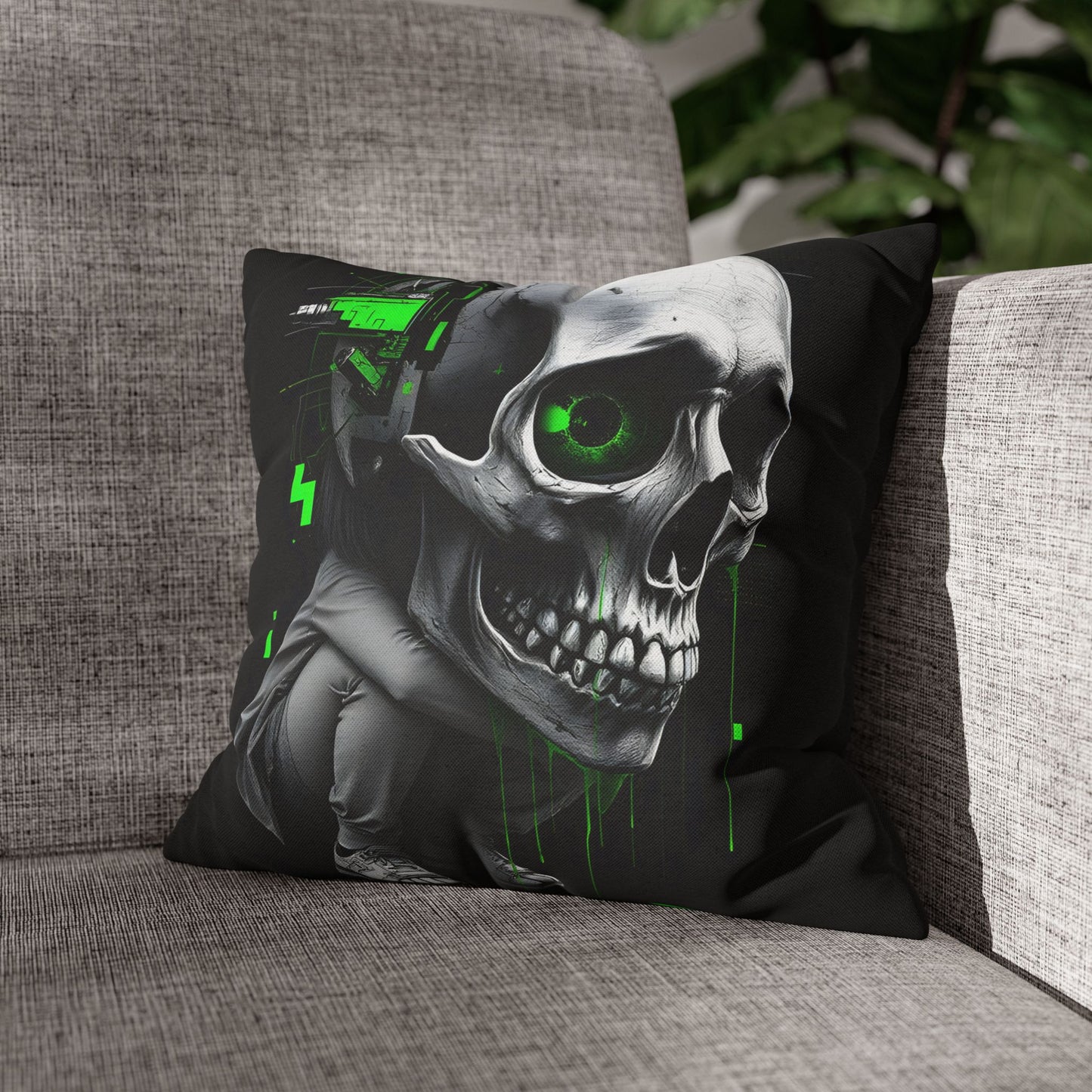 Edgy Skull Pillowcase | Gaming Decor, Modern Home Accent, Halloween Gift, Unique Couch Pillow, Cyberpunk Style