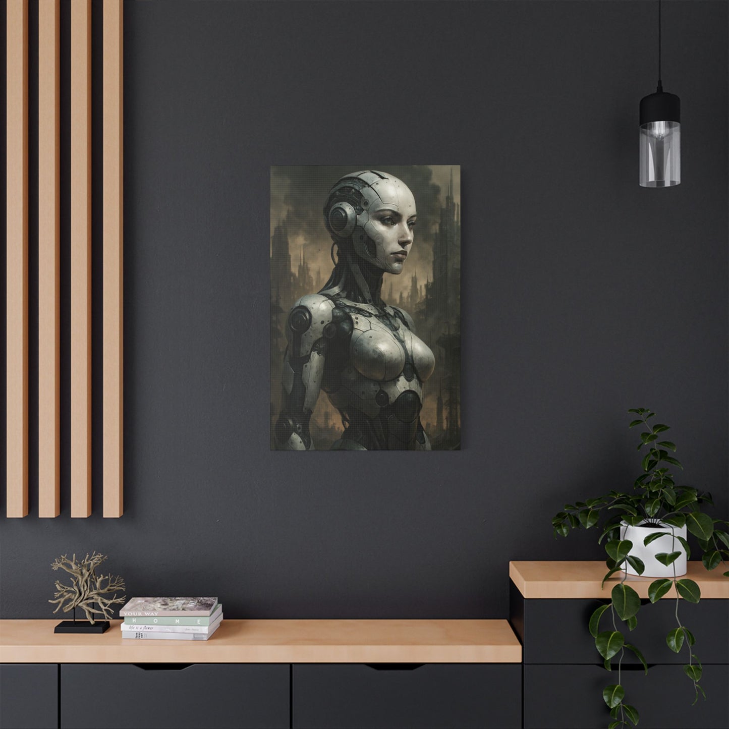 Futuristic Robot Canvas Art, Stretched Painting, Wall Decor for Tech Lovers, Sci-Fi Home Office, Unique Gift Idea, AI Artwork