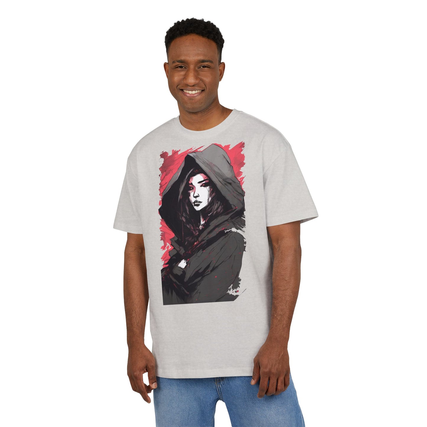 Artistic Oversize Tee with Hooded Character Design, Unisex Streetwear, Graphic Tee, Casual Wear, Unique Gift, Fashion Statement