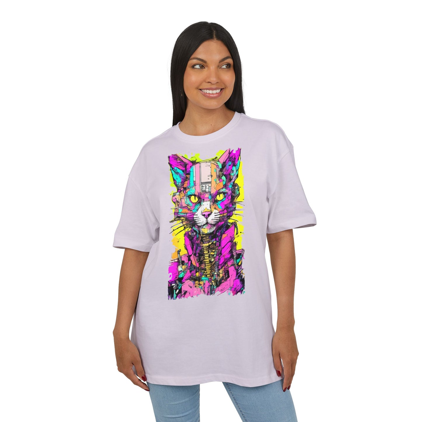 Colorful Cat Graphic Tee, Unisex Heavy Oversize T-Shirt, Funky Cat Art Shirt, Gift for Cat Lovers, Unique Casual Wear