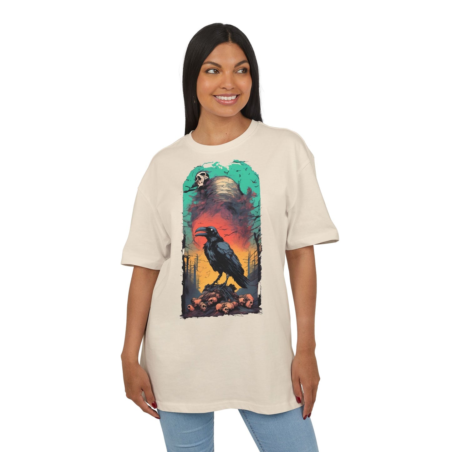 Mystical Raven Oversize Tee: Boho Style, Unisex Graphic T-Shirt for Nature Lovers, Festival Wear, Halloween, Gift Ideas