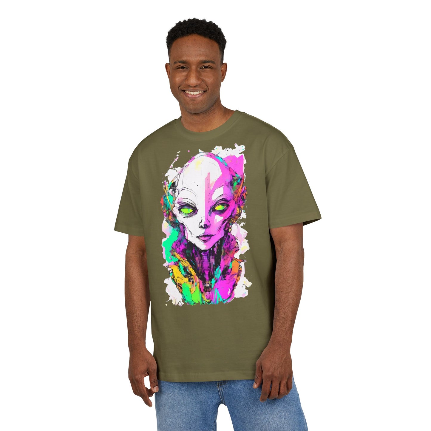 Colorful Alien Graphic Unisex Heavy Oversize Tee | Casual Streetwear, Gift for UFO Enthusiasts, Statement Tee, Festival Wear, Unique Art Tee