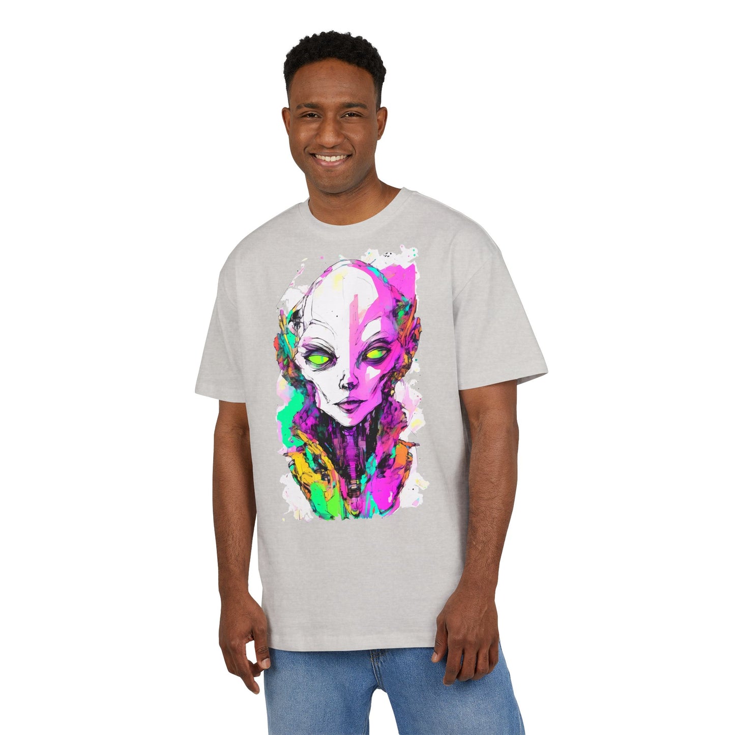 Colorful Alien Graphic Unisex Heavy Oversize Tee | Casual Streetwear, Gift for UFO Enthusiasts, Statement Tee, Festival Wear, Unique Art Tee
