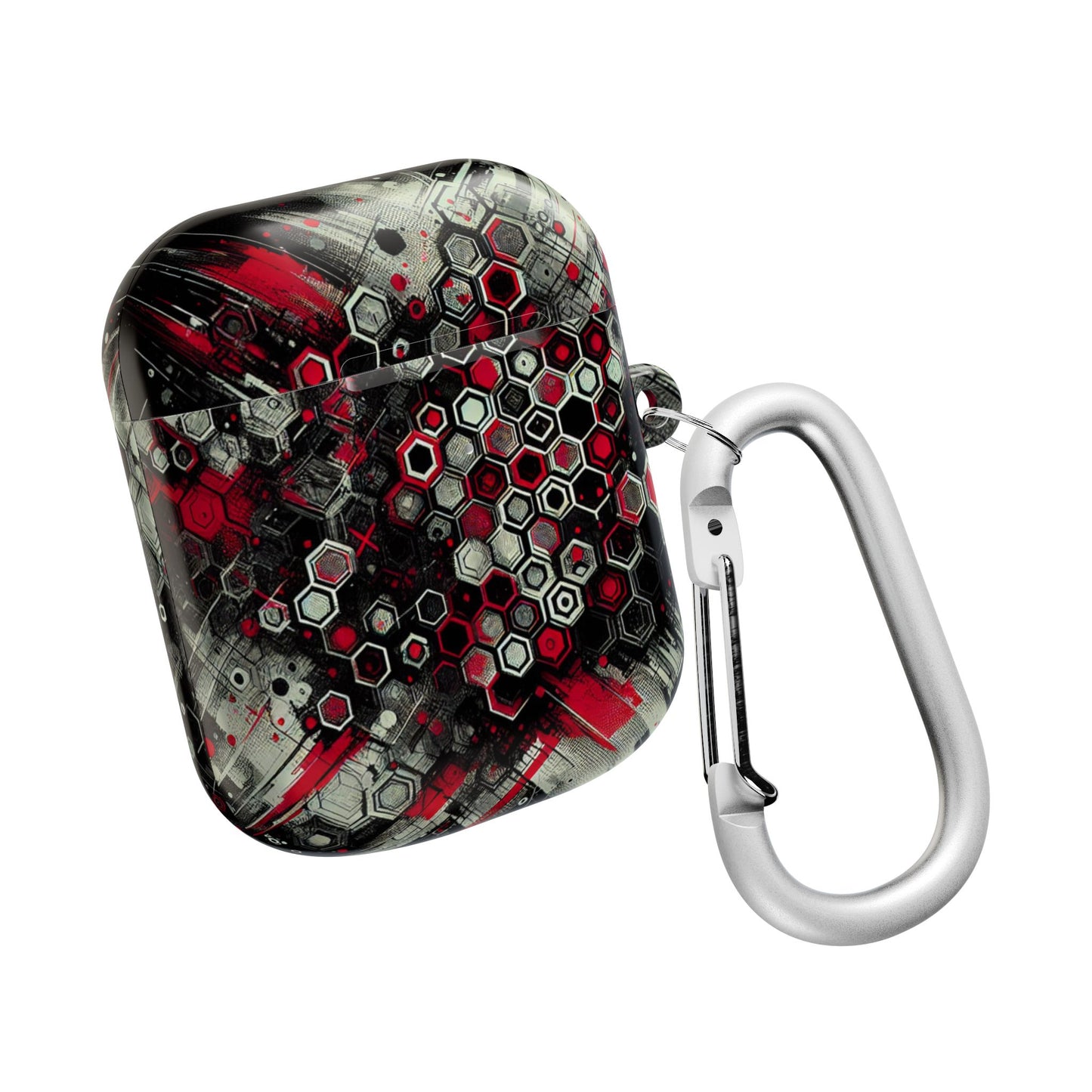Hexagonal Red & Black AirPod Case | Trendy Tech Accessory, Unique Gifts for Music Lovers, Stylish Earbud Protection