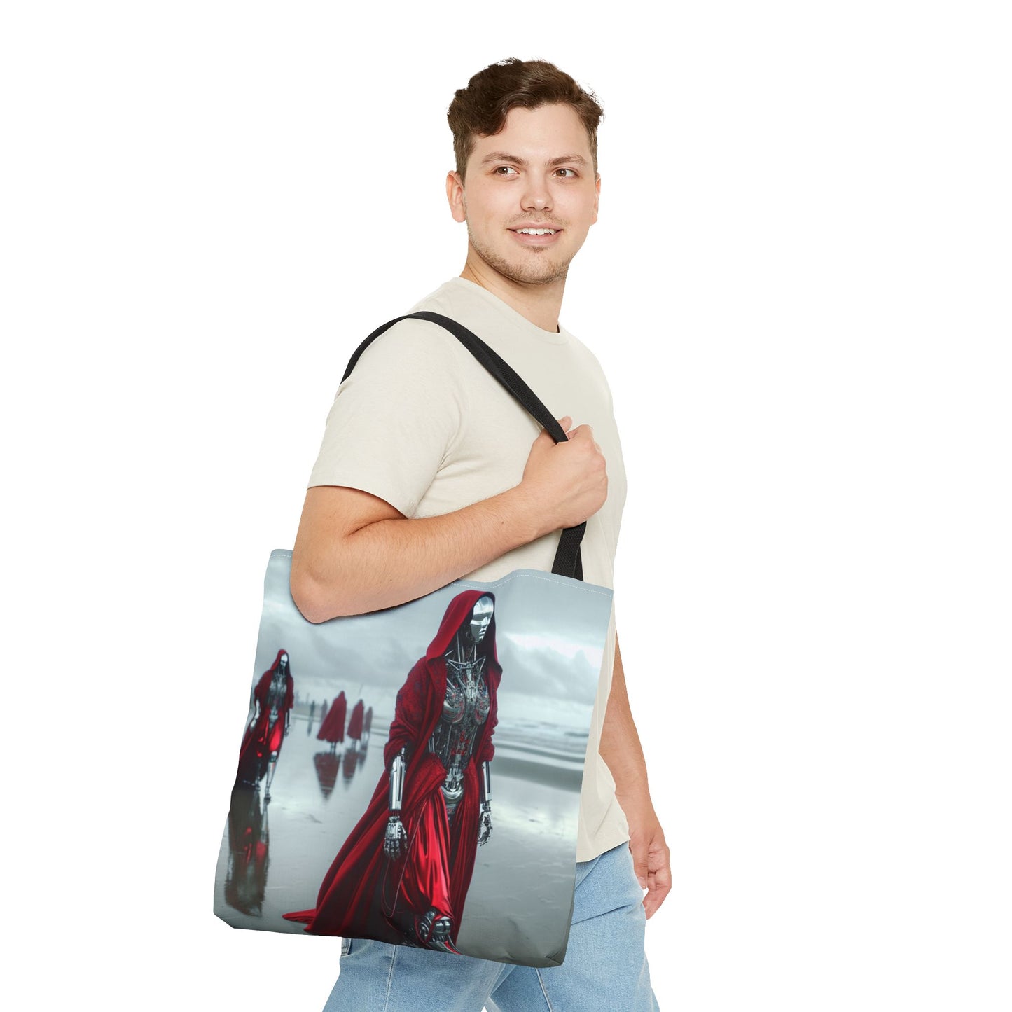 Futuristic Red Hooded Tote Bag, Eco-Friendly Shopping Tote, Stylish Reusable Bag, Perfect for Gifts, Fashion Statement