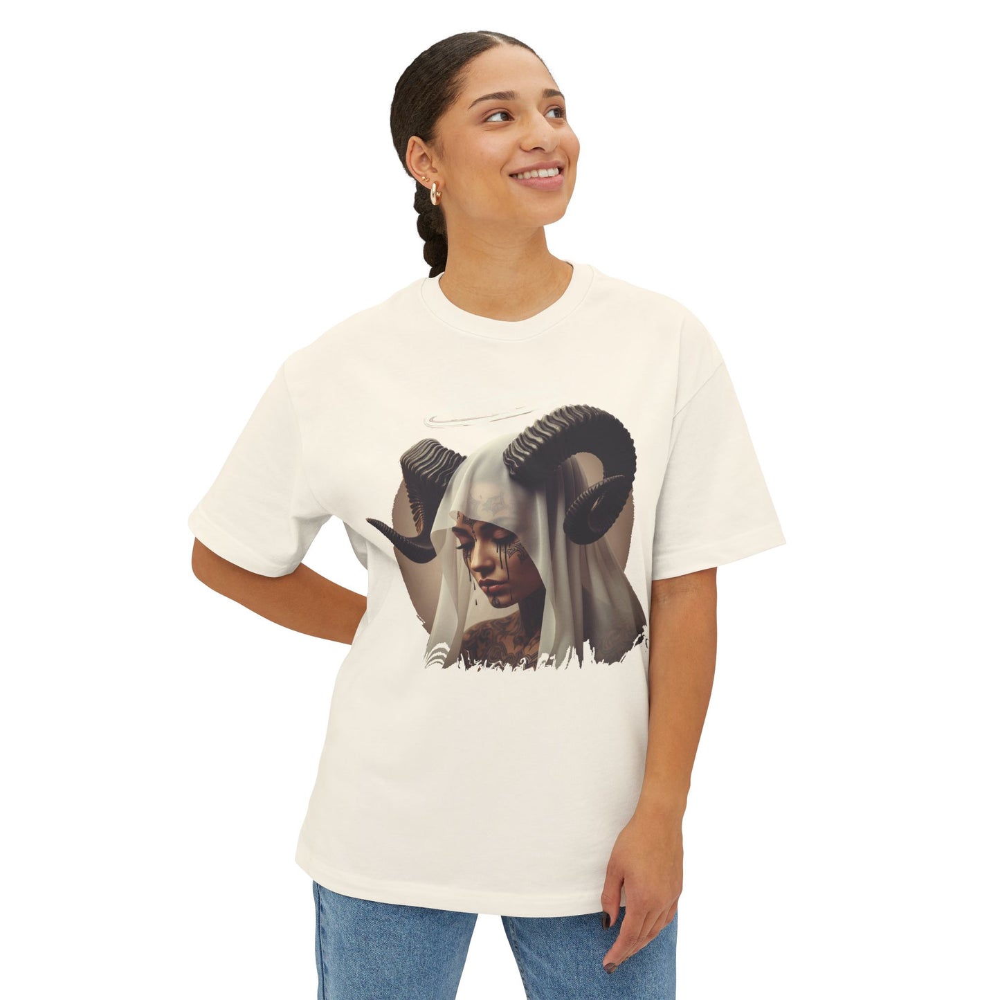 Mystical Ram Graphic Tee, Unisex Oversized Boxy Tee, Statement T-Shirt, Boho Chic Shirt, Art-Inspired Fashion, Comfortable Everyday Wear