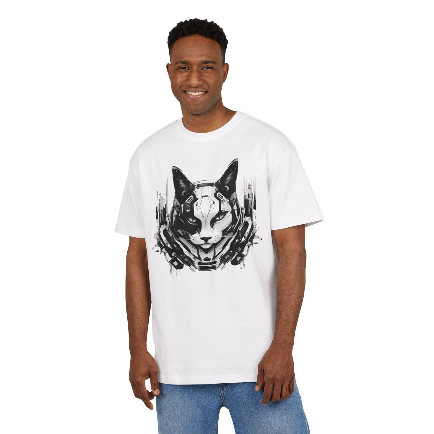 Cyber Cat Graphic Tee - Unisex Oversized T-Shirt, Cool Streetwear, Gift for Cat Lovers, Futuristic Design, Casual Everyday Wear