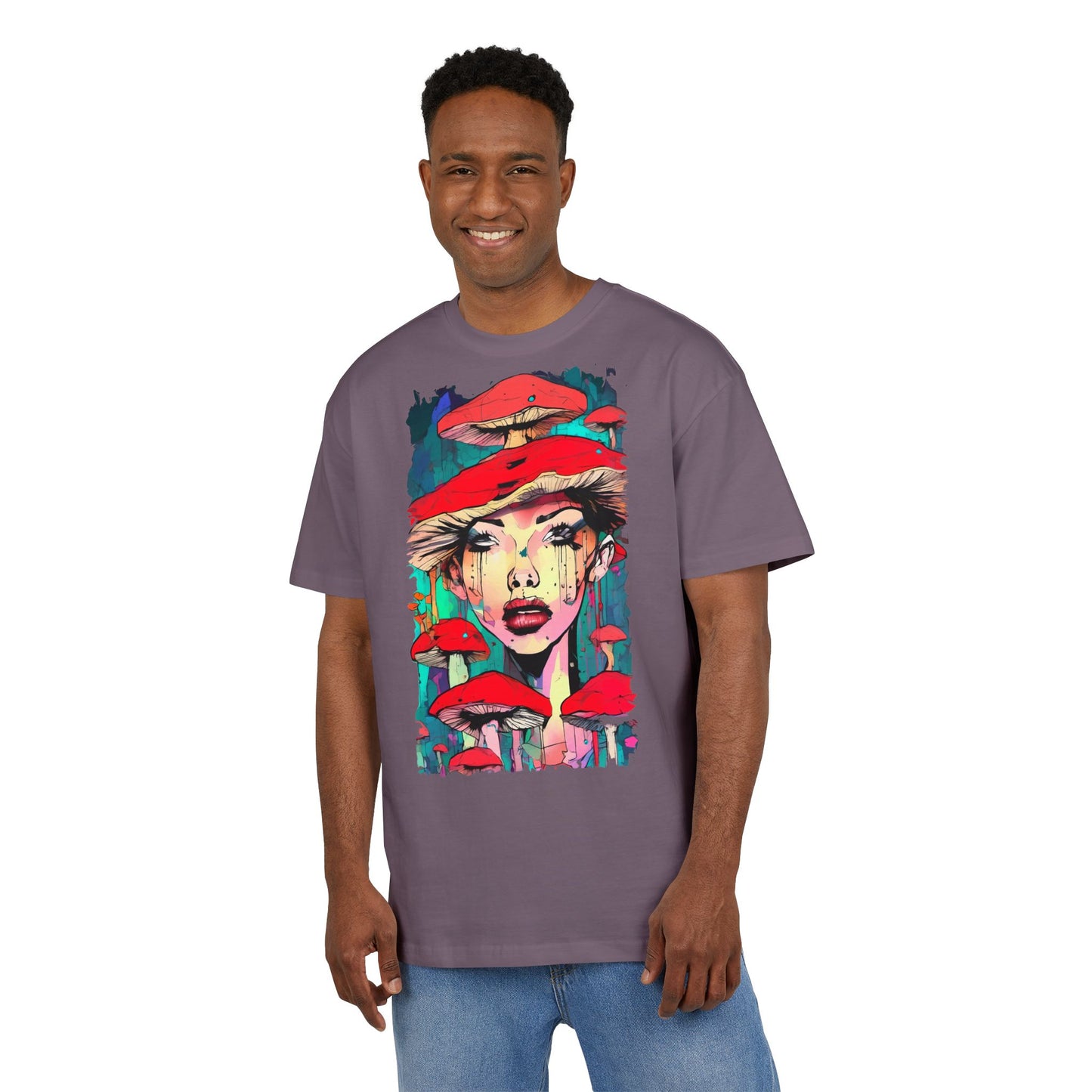 Colorful Art Tee, Unisex Heavy Oversize Tee with Mushroom Design, Casual Wear, Graphic Shirt, Gift for Art Lovers, Streetwear Style