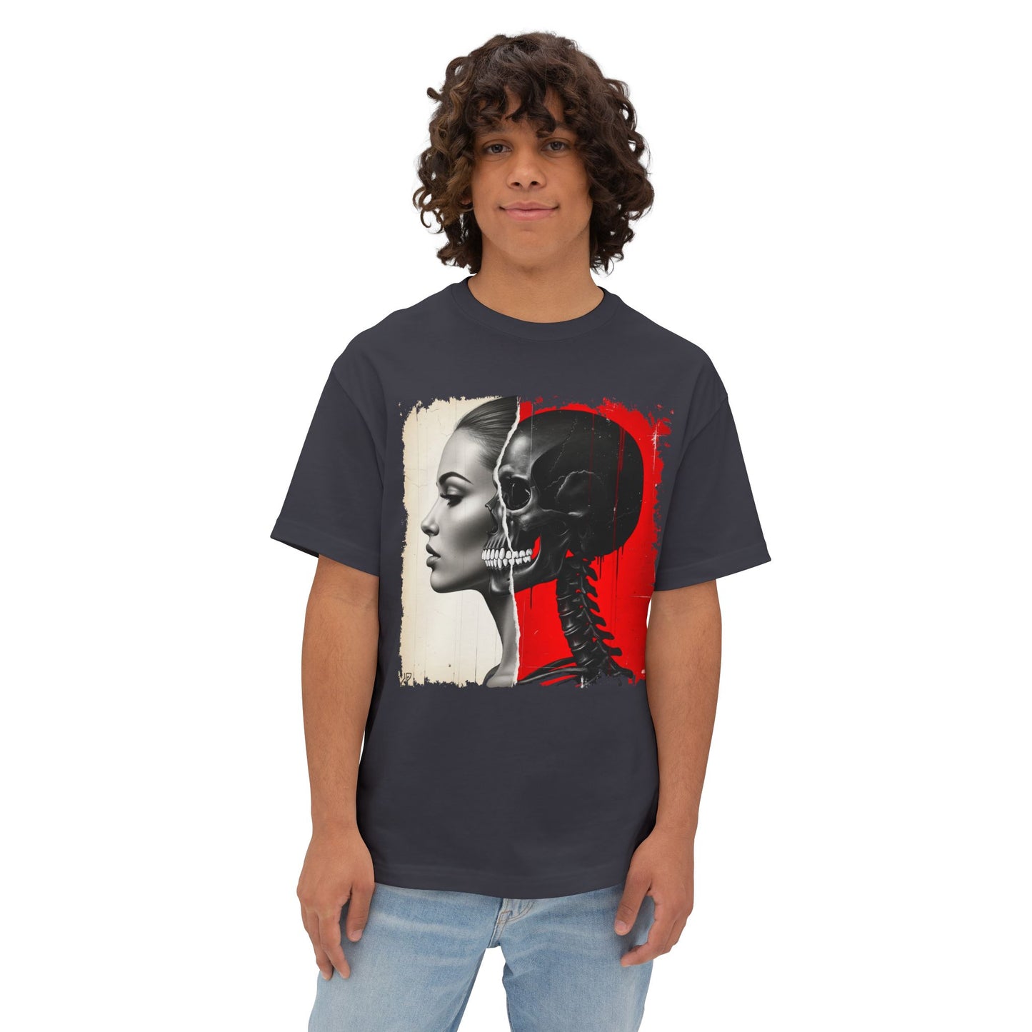 Artistic Unisex Oversized Tee - Skeleton & Profile Design, Graphic Tee for Casual Style, Unique Gift for Art Lovers, Streetwear