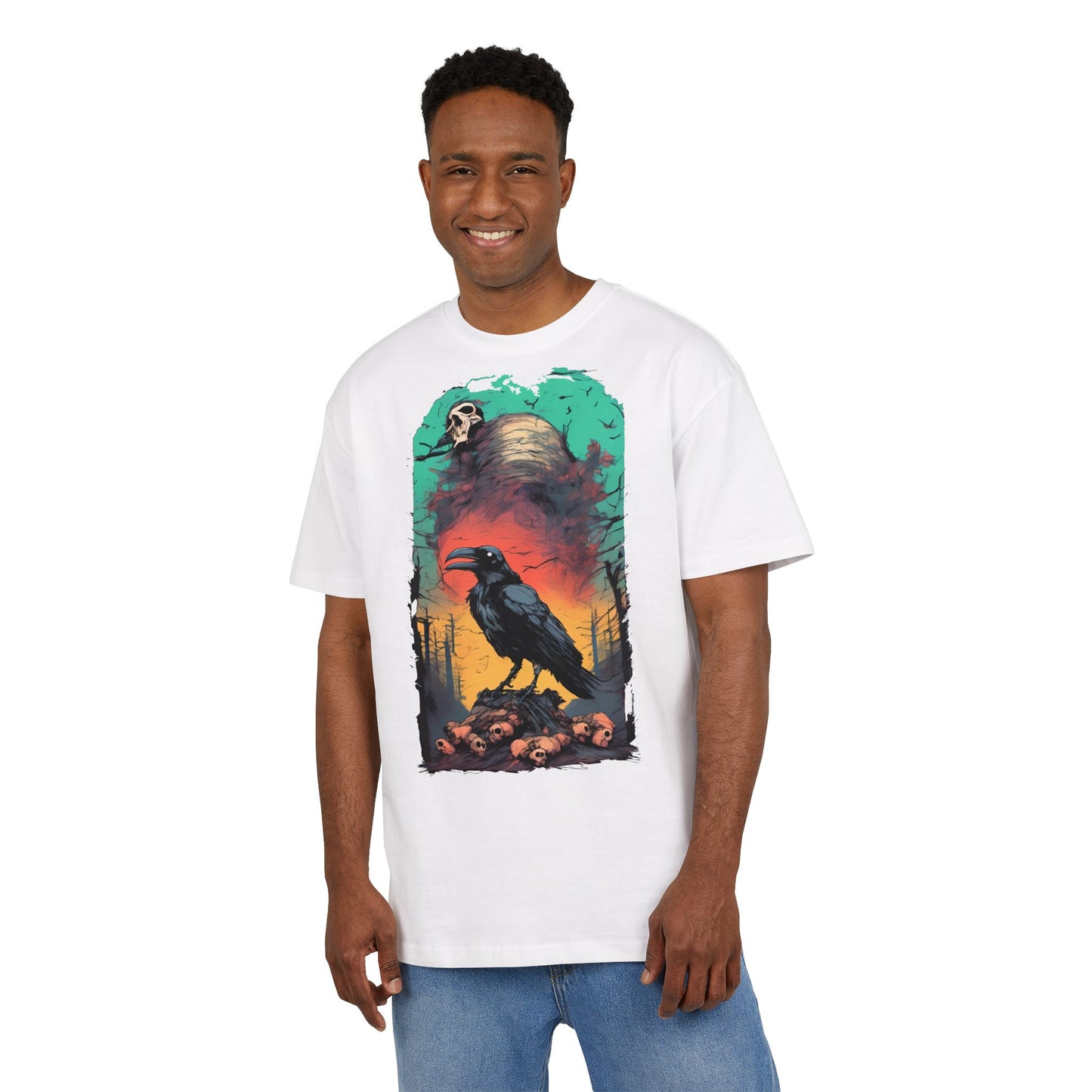 Mystical Raven Oversize Tee: Boho Style, Unisex Graphic T-Shirt for Nature Lovers, Festival Wear, Halloween, Gift Ideas