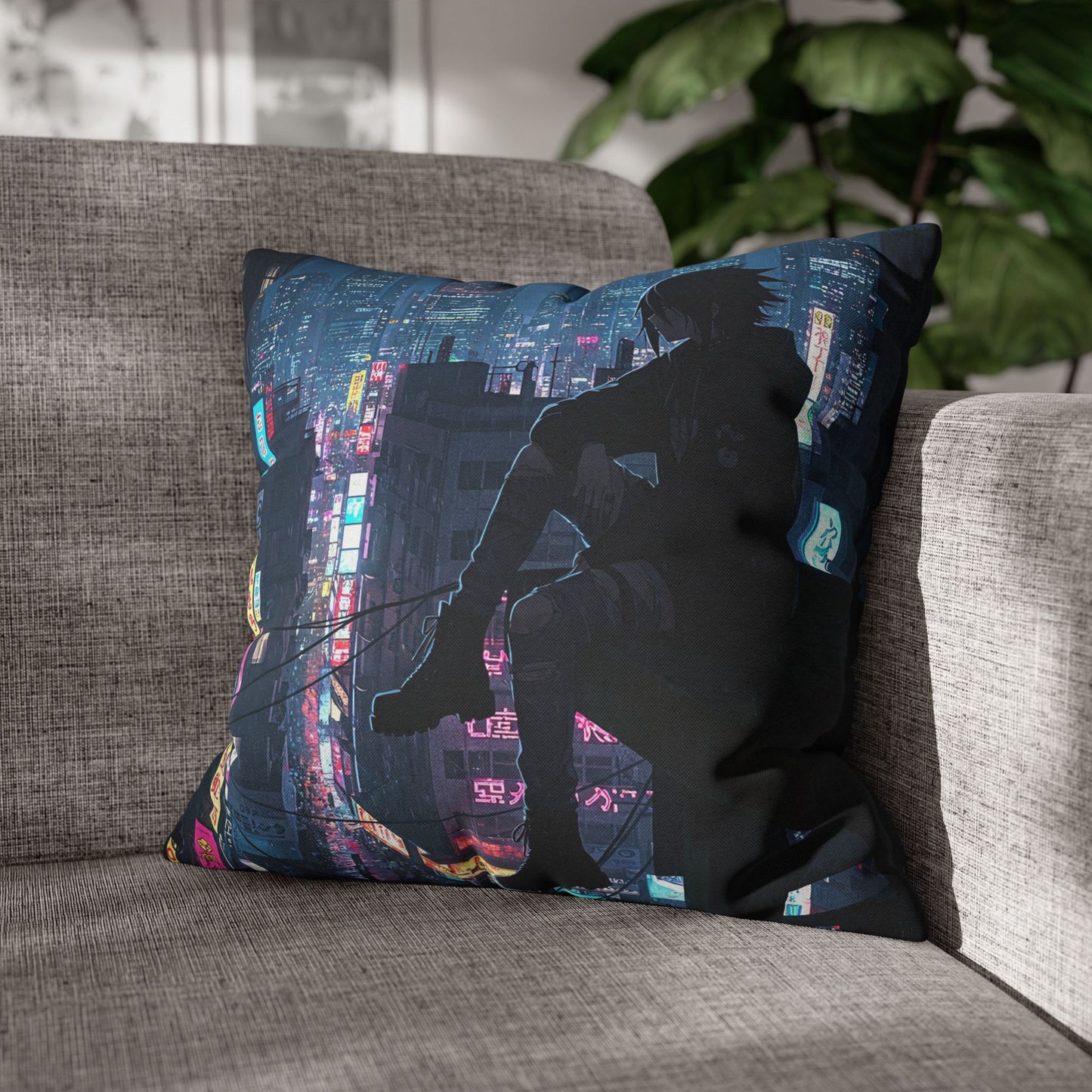 Anime-Inspired Urban Pillowcase, Cozy Home Decor, Nerdy Gift, Bedroom Accent, Cyberpunk Decor, Manga Lover Gift