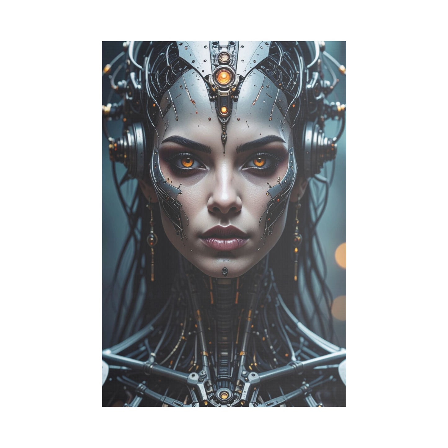 Futuristic Stretched Canvas Art, Cyberpunk Wall Décor, Unique Home Decor, Robot Portrait, Gothic Art Giveaway
