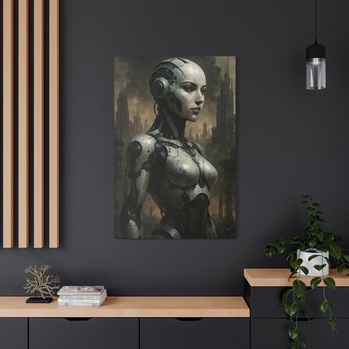 Futuristic Robot Canvas Art, Stretched Painting, Wall Decor for Tech Lovers, Sci-Fi Home Office, Unique Gift Idea, AI Artwork
