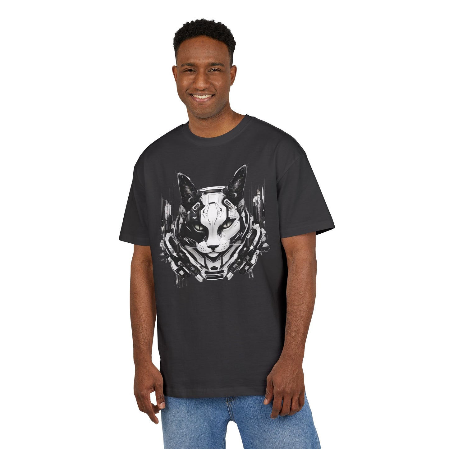 Cyber Cat Graphic Tee - Unisex Oversized T-Shirt, Cool Streetwear, Gift for Cat Lovers, Futuristic Design, Casual Everyday Wear