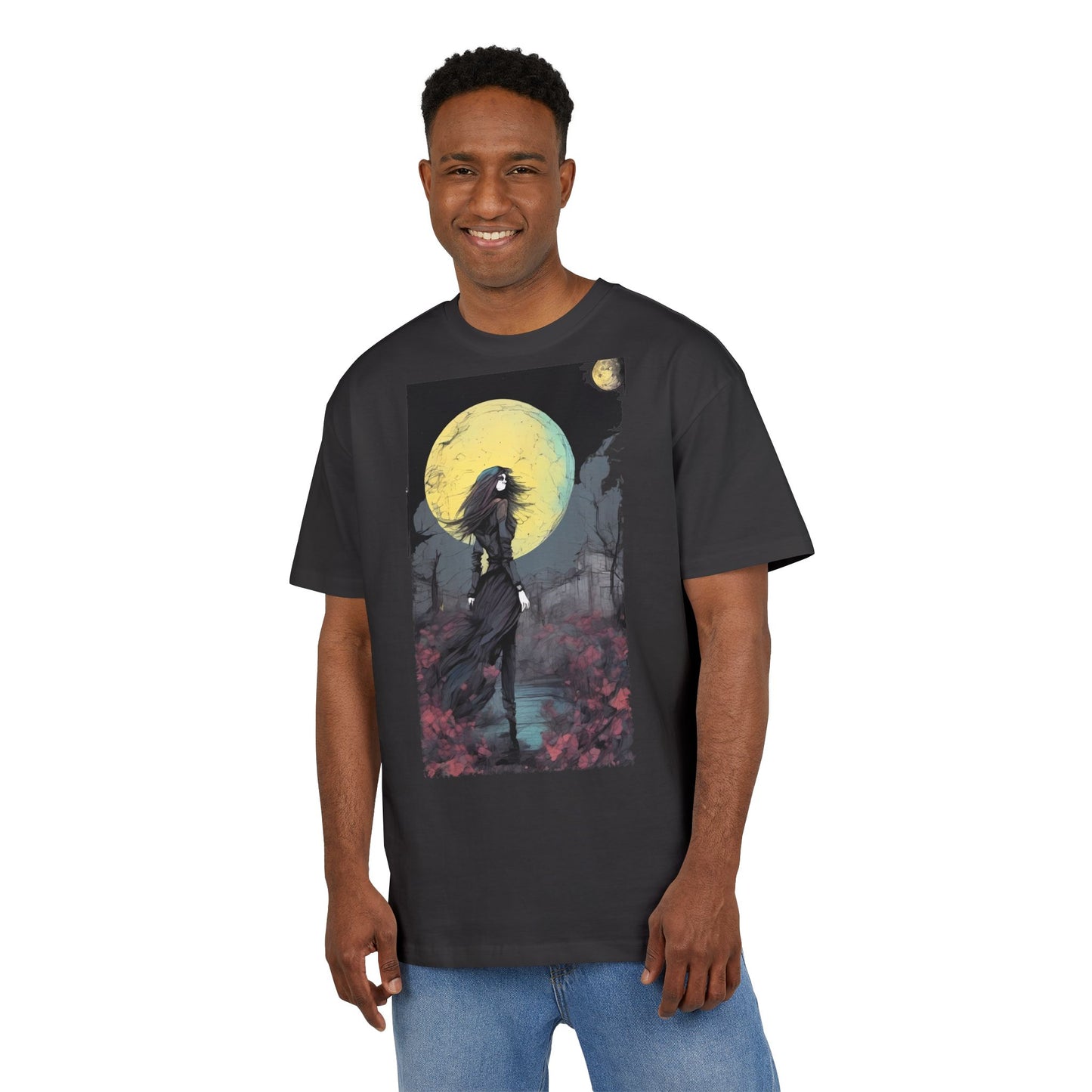 Moonlit Witch Oversize Tee, Cozy Casual Wear, Halloween Outfit, Gothic Style, Gift for Her, Everyday Fashion