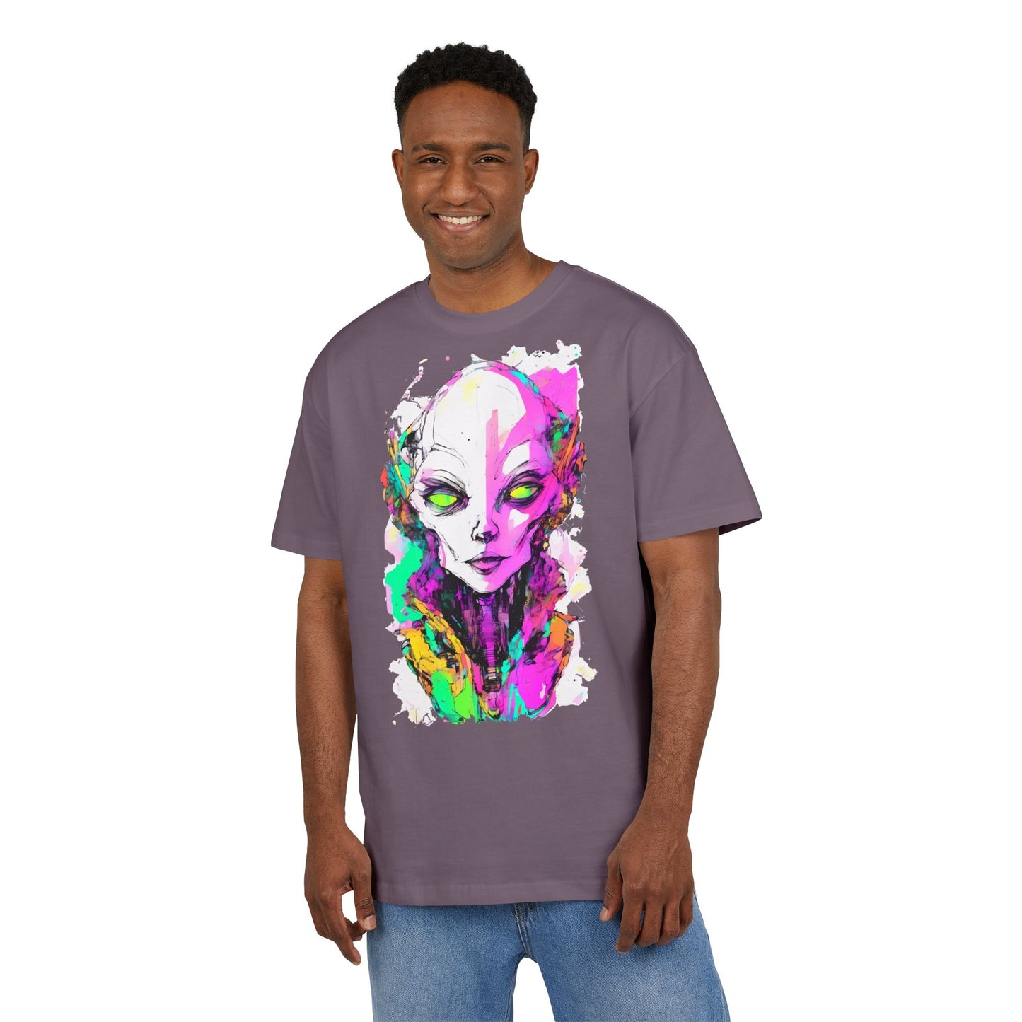 Colorful Alien Graphic Unisex Heavy Oversize Tee | Casual Streetwear, Gift for UFO Enthusiasts, Statement Tee, Festival Wear, Unique Art Tee