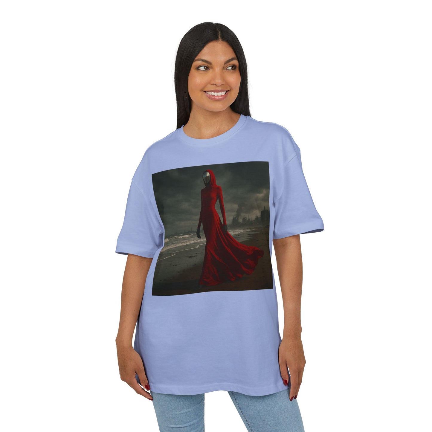 Mystical Red Hooded Tee - Unisex Oversize T-Shirt, Grunge Fashion, Streetwear Style, Gift for Horror Fans, Casual Wear