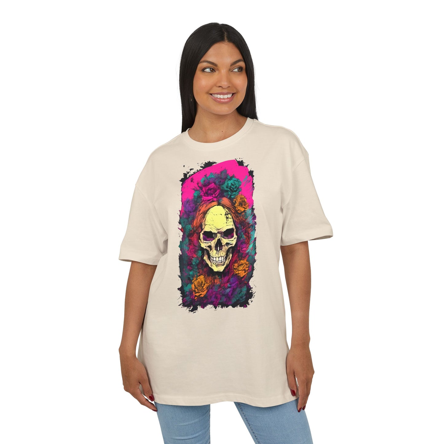 Skull Floral Oversize Tee - Graphic T-Shirt for Halloween, Festival Wear, Unisex Casual, Unique Gift