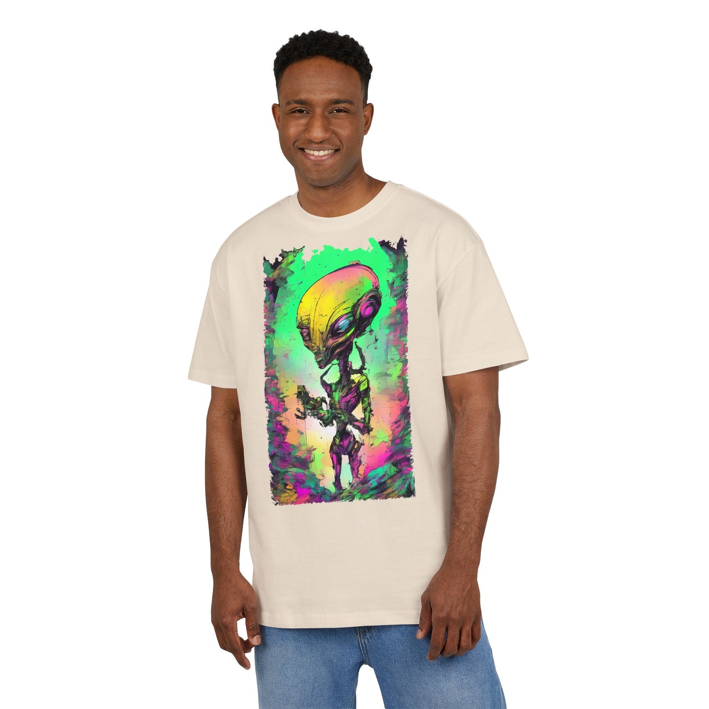 Cosmic Alien Art Tee - Unisex Heavy Oversize Tee, Retro Space Vibe Shirt, Gift for Sci-Fi Lovers, Casual Wear, Unique Graphic T-Shirt