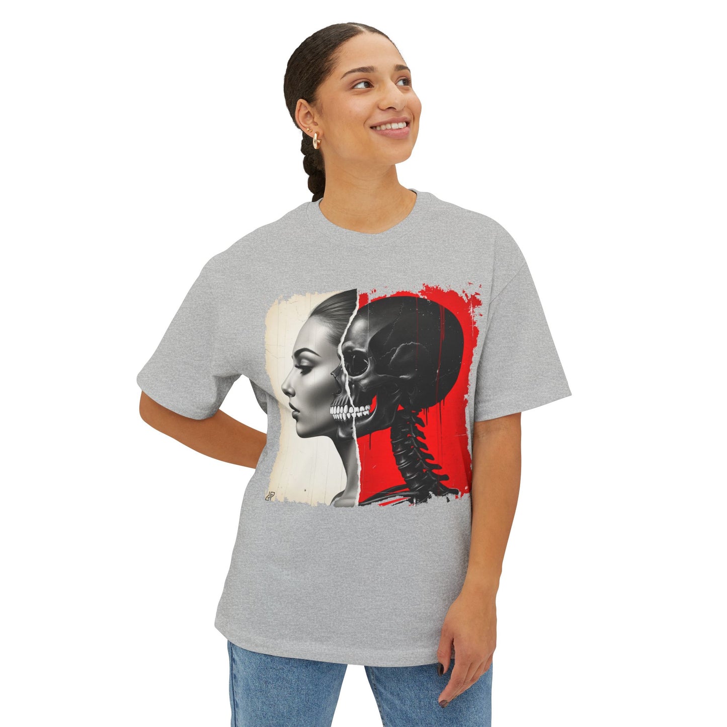 Artistic Unisex Oversized Tee - Skeleton & Profile Design, Graphic Tee for Casual Style, Unique Gift for Art Lovers, Streetwear