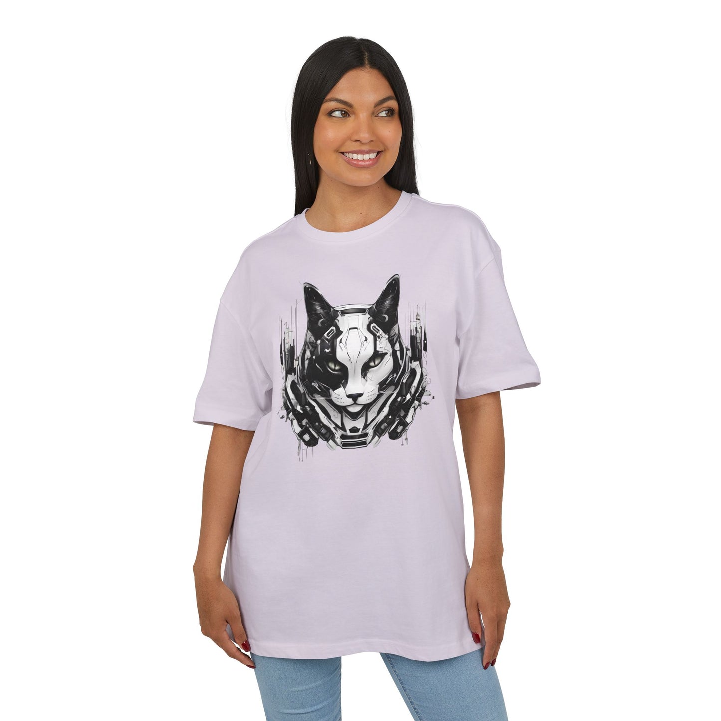 Cyber Cat Graphic Tee - Unisex Oversized T-Shirt, Cool Streetwear, Gift for Cat Lovers, Futuristic Design, Casual Everyday Wear