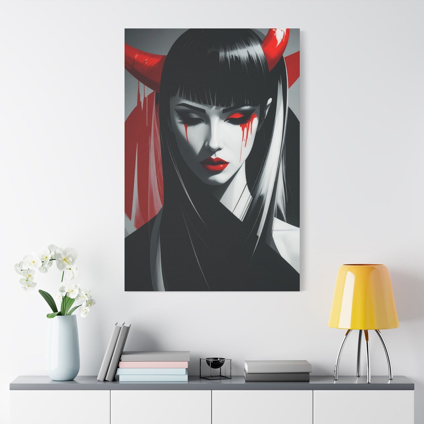 Japanese Art Canvas, Stretched Wall Art, Modern Home Decor, Red and Black Portrait, Unique Gift for Art Lovers, Asian Aesthetic