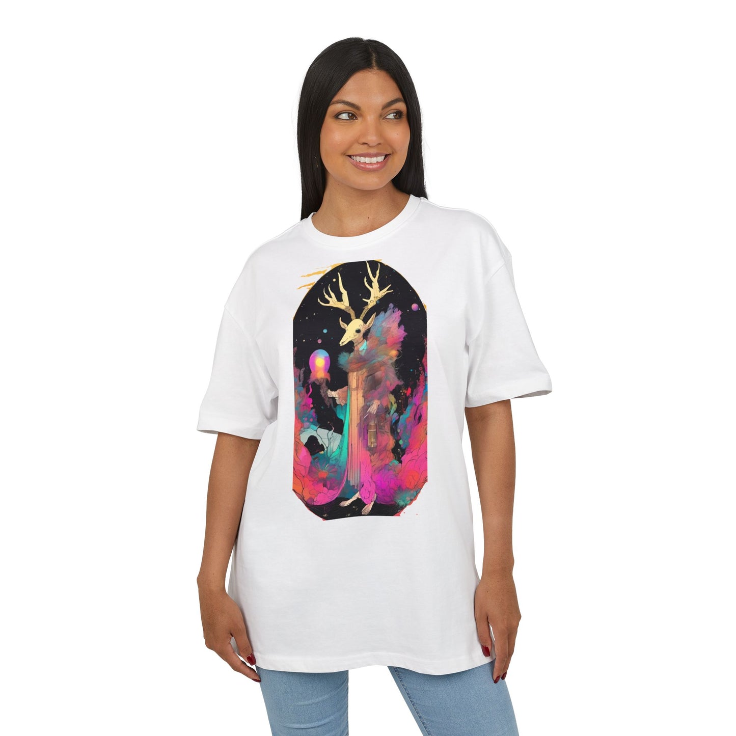 Cosmic Stag Unisex Oversize Tee | Bohemian Vibe T-Shirt, Fantasy Apparel, Unique Gift, Art-Inspired Fashion, Summer Style