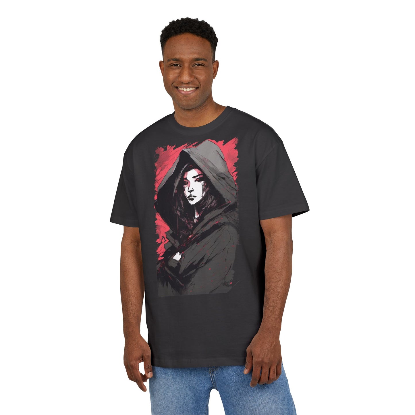 Artistic Oversize Tee with Hooded Character Design, Unisex Streetwear, Graphic Tee, Casual Wear, Unique Gift, Fashion Statement