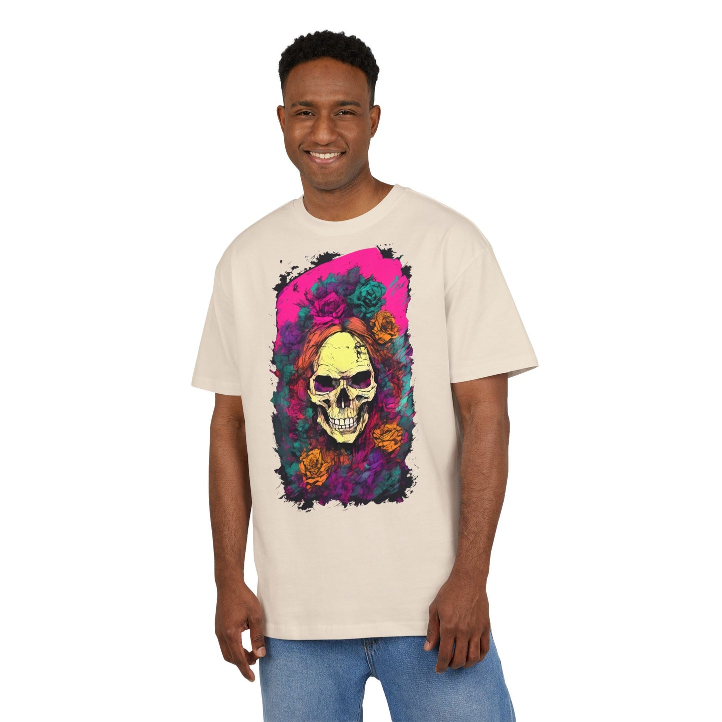 Skull Floral Oversize Tee - Graphic T-Shirt for Halloween, Festival Wear, Unisex Casual, Unique Gift