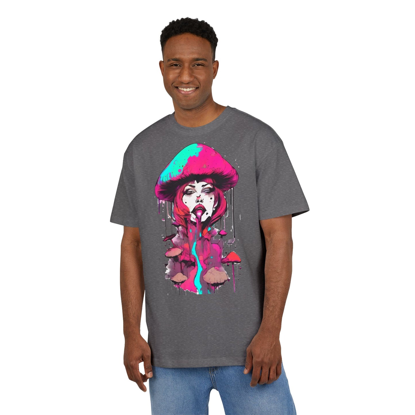 Vibrant Mushroom Art Unisex Heavy Oversize Tee, Funky T-Shirt, Artistic Casual Wear, Gift for Art Lovers, Unique Streetwear