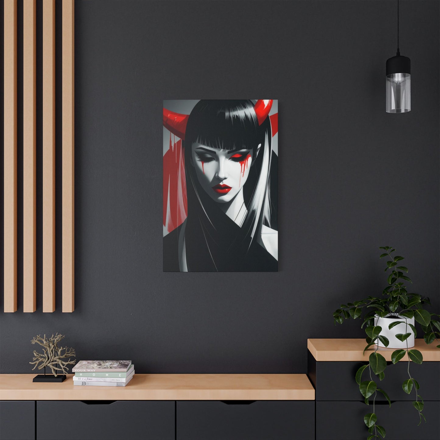 Japanese Art Canvas, Stretched Wall Art, Modern Home Decor, Red and Black Portrait, Unique Gift for Art Lovers, Asian Aesthetic