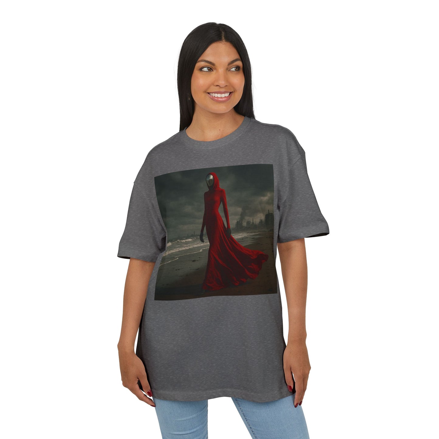 Mystical Red Hooded Tee - Unisex Oversize T-Shirt, Grunge Fashion, Streetwear Style, Gift for Horror Fans, Casual Wear