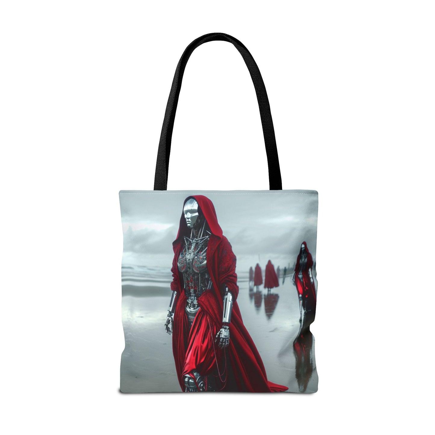 Futuristic Red Hooded Tote Bag, Eco-Friendly Shopping Tote, Stylish Reusable Bag, Perfect for Gifts, Fashion Statement