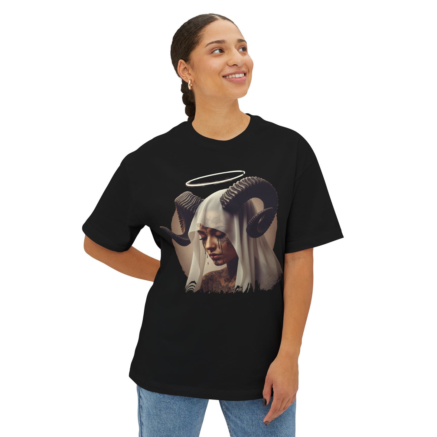 Mystical Ram Graphic Tee, Unisex Oversized Boxy Tee, Statement T-Shirt, Boho Chic Shirt, Art-Inspired Fashion, Comfortable Everyday Wear