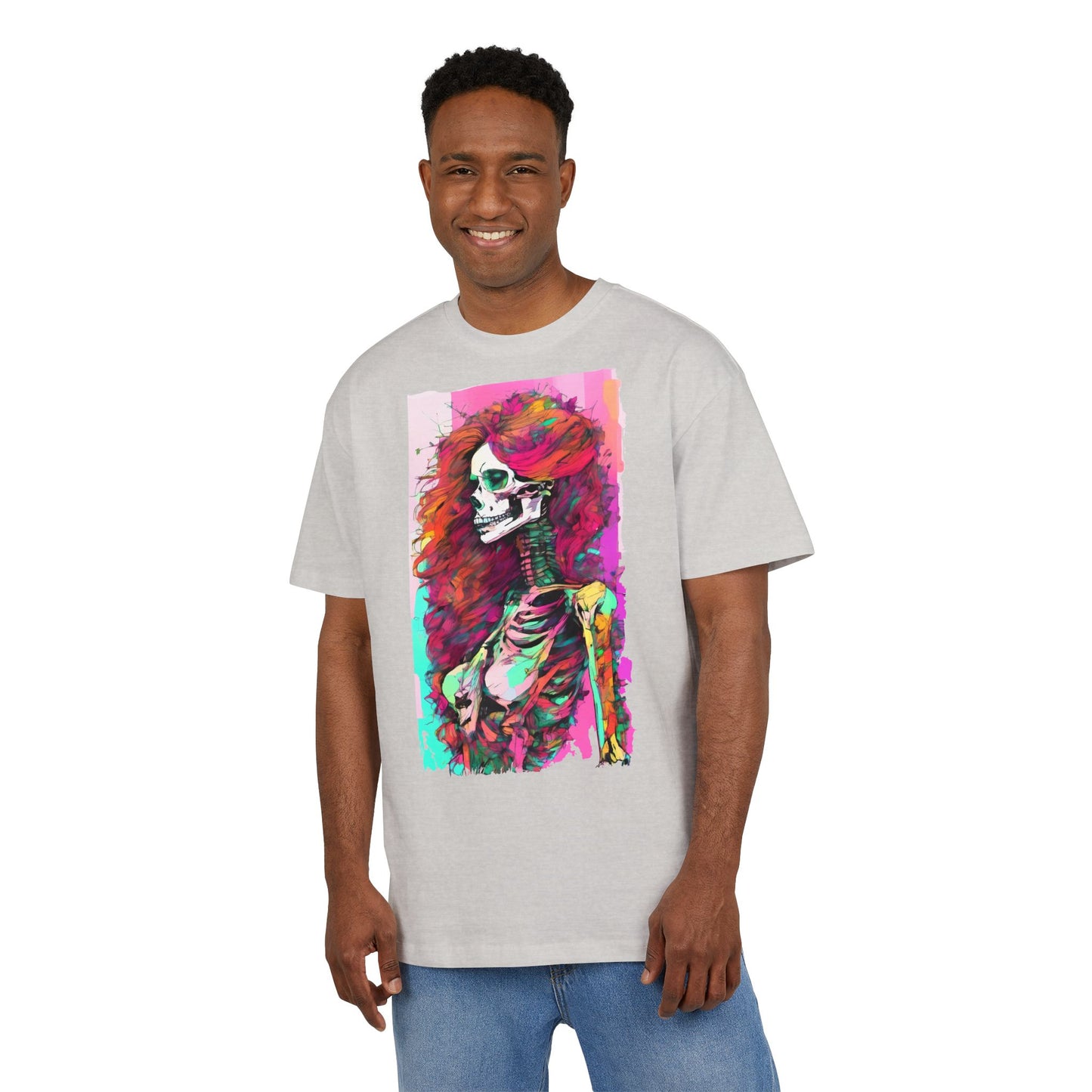 Vibrant Skeleton Art Unisex Heavy Oversize Tee, Halloween Shirt, Statement Tee, Graphic Tee, Casual Wear, Gift