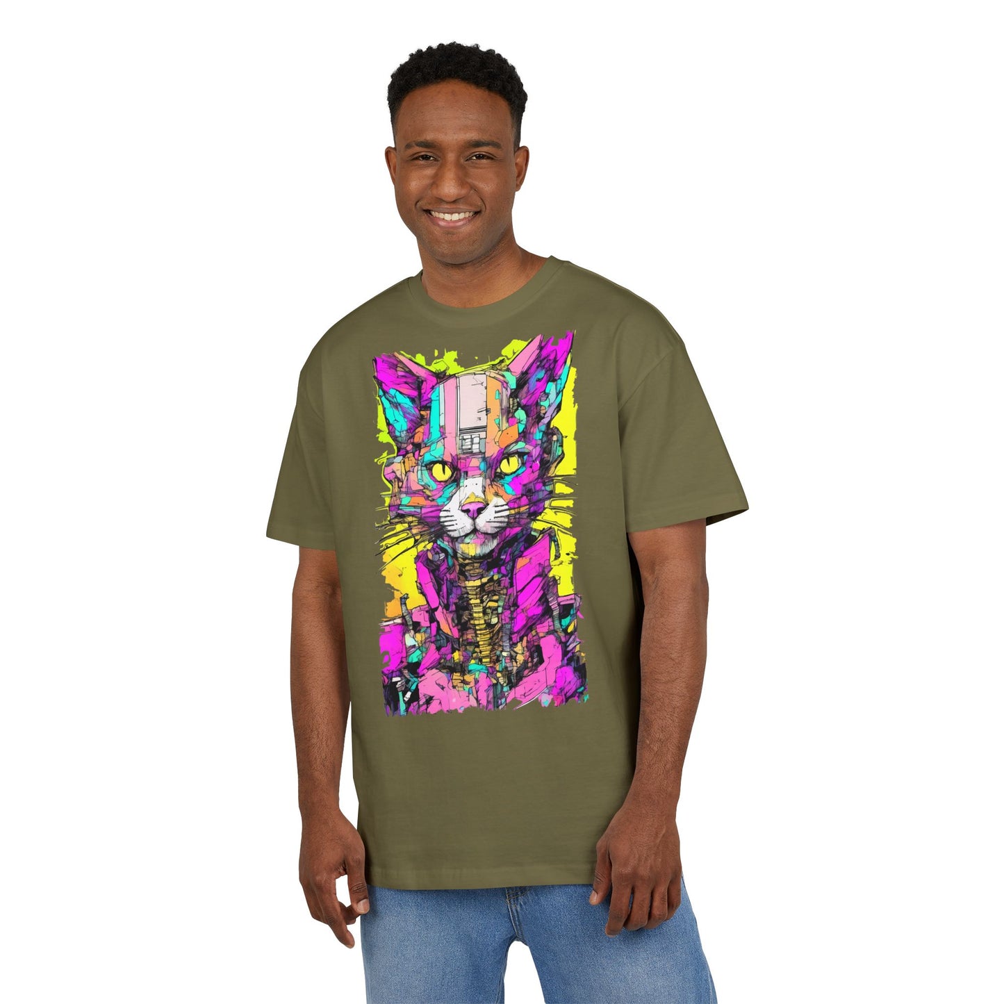 Colorful Cat Graphic Tee, Unisex Heavy Oversize T-Shirt, Funky Cat Art Shirt, Gift for Cat Lovers, Unique Casual Wear