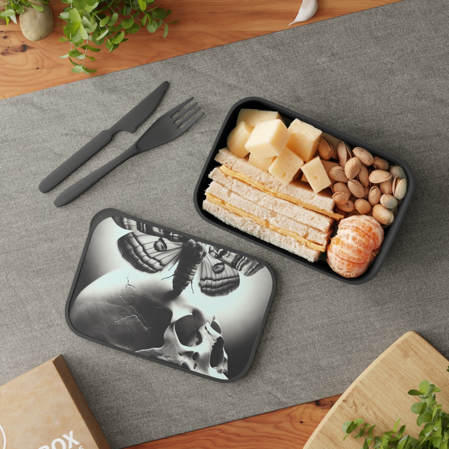 Gothic Bento Box with Utensils | Unique Skull & Moth Design | Eco-Friendly Lunch Container, Meal Prep Box, Halloween Gift