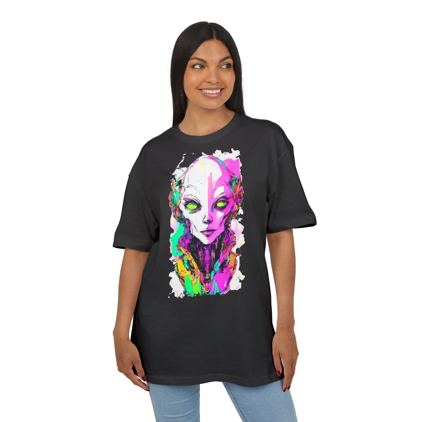 Colorful Alien Graphic Unisex Heavy Oversize Tee | Casual Streetwear, Gift for UFO Enthusiasts, Statement Tee, Festival Wear, Unique Art Tee