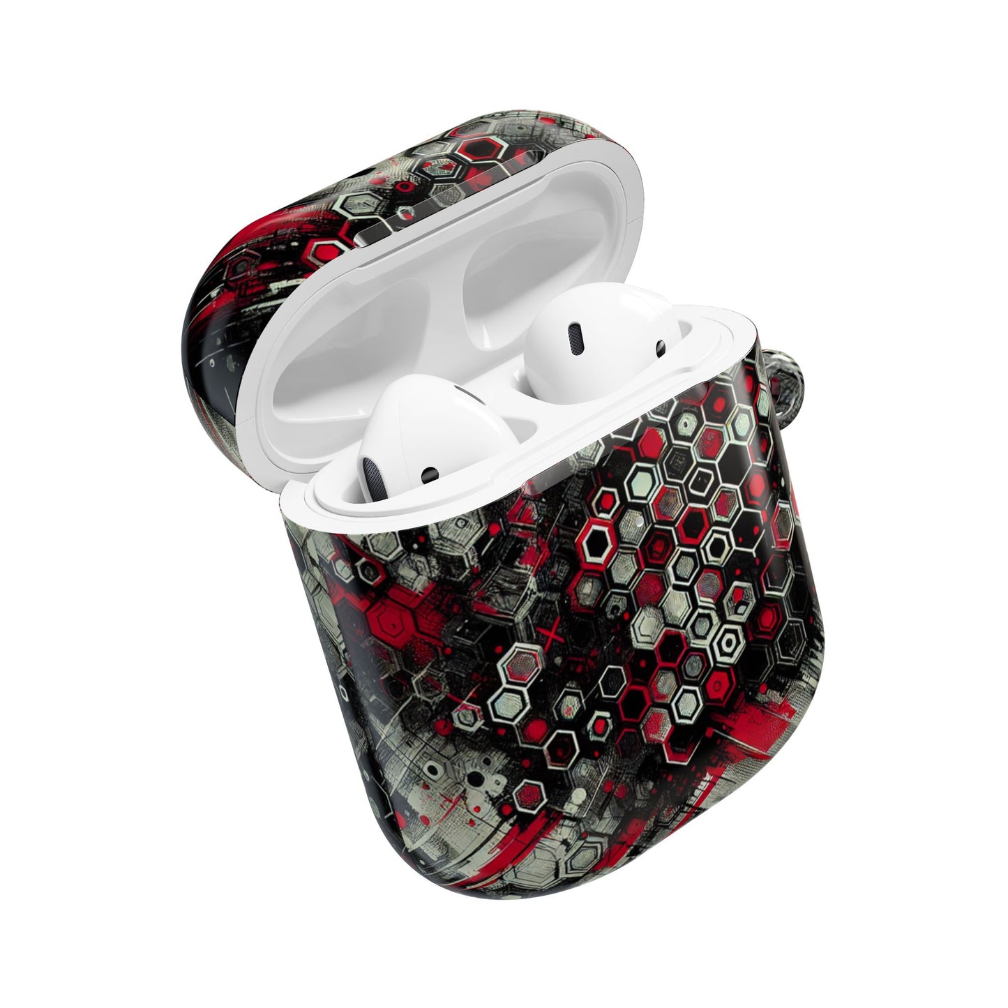 Hexagonal Red & Black AirPod Case | Trendy Tech Accessory, Unique Gifts for Music Lovers, Stylish Earbud Protection