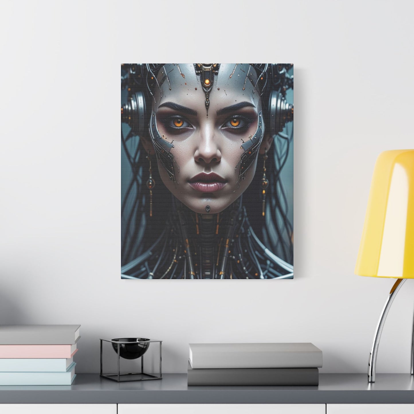 Futuristic Stretched Canvas Art, Cyberpunk Wall Décor, Unique Home Decor, Robot Portrait, Gothic Art Giveaway