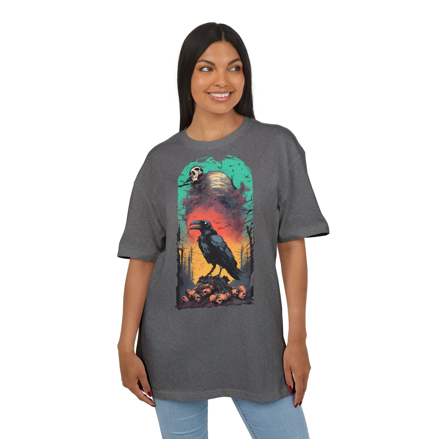 Mystical Raven Oversize Tee: Boho Style, Unisex Graphic T-Shirt for Nature Lovers, Festival Wear, Halloween, Gift Ideas