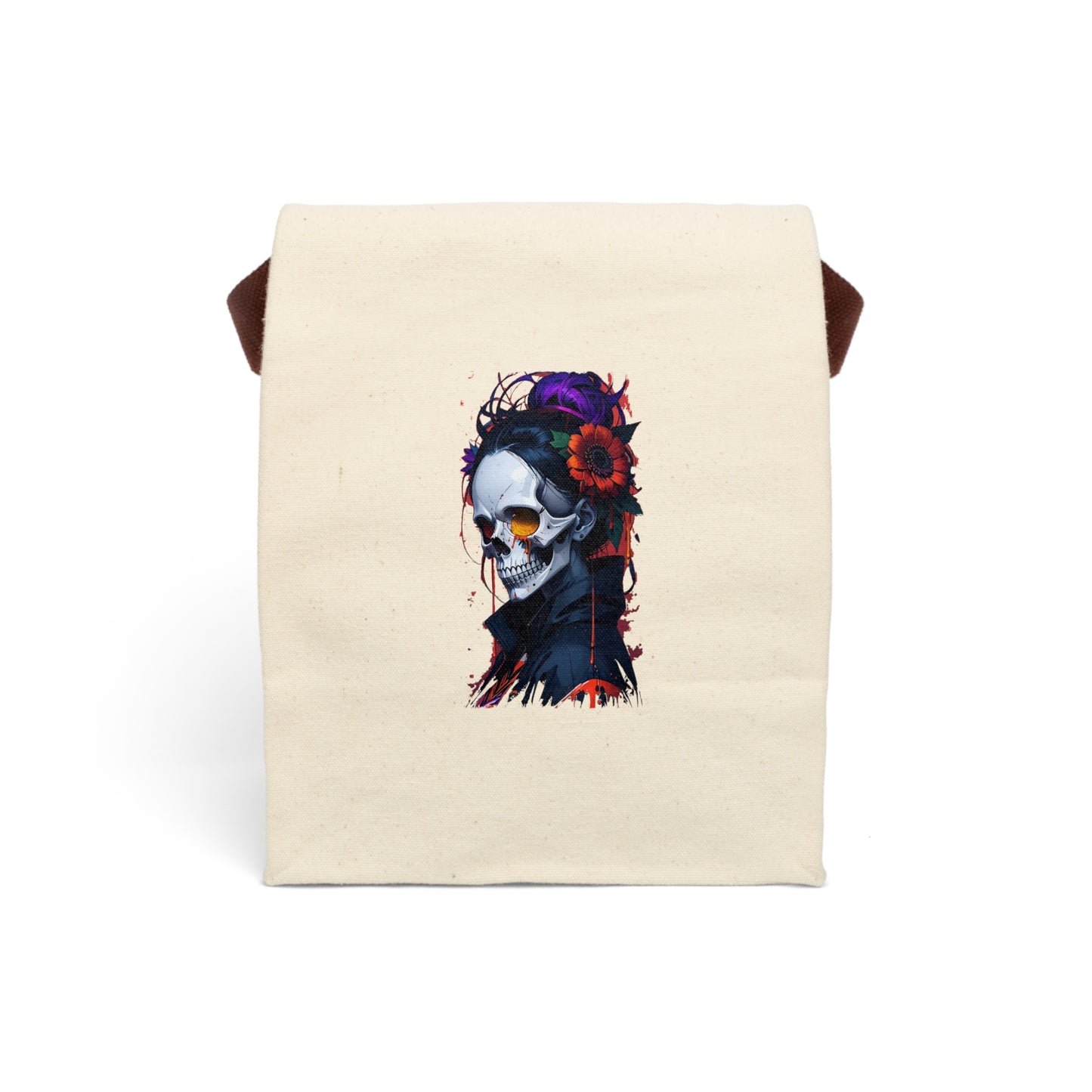 Skull and Flower Canvas Lunch Bag | Eco-Friendly Tote, Gift for Goths, Unique School Bag, Halloween Decor, Reusable Snack Cooler