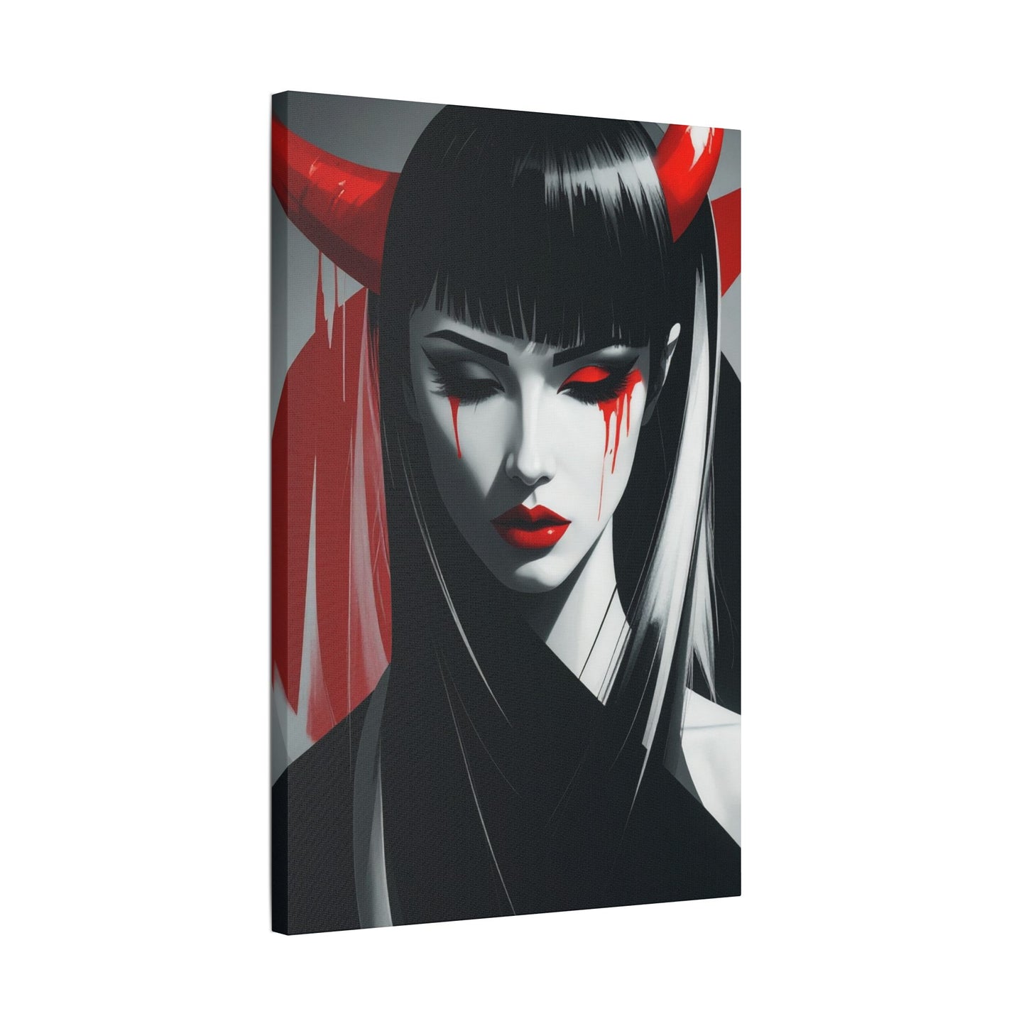 Japanese Art Canvas, Stretched Wall Art, Modern Home Decor, Red and Black Portrait, Unique Gift for Art Lovers, Asian Aesthetic
