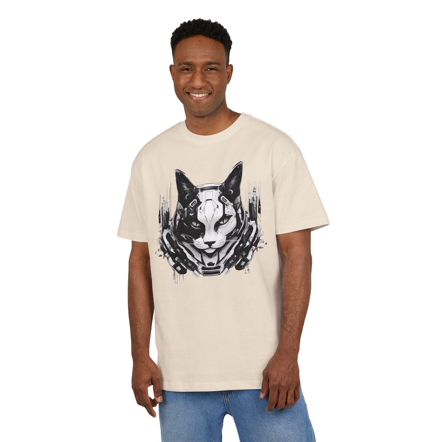 Cyber Cat Graphic Tee - Unisex Oversized T-Shirt, Cool Streetwear, Gift for Cat Lovers, Futuristic Design, Casual Everyday Wear