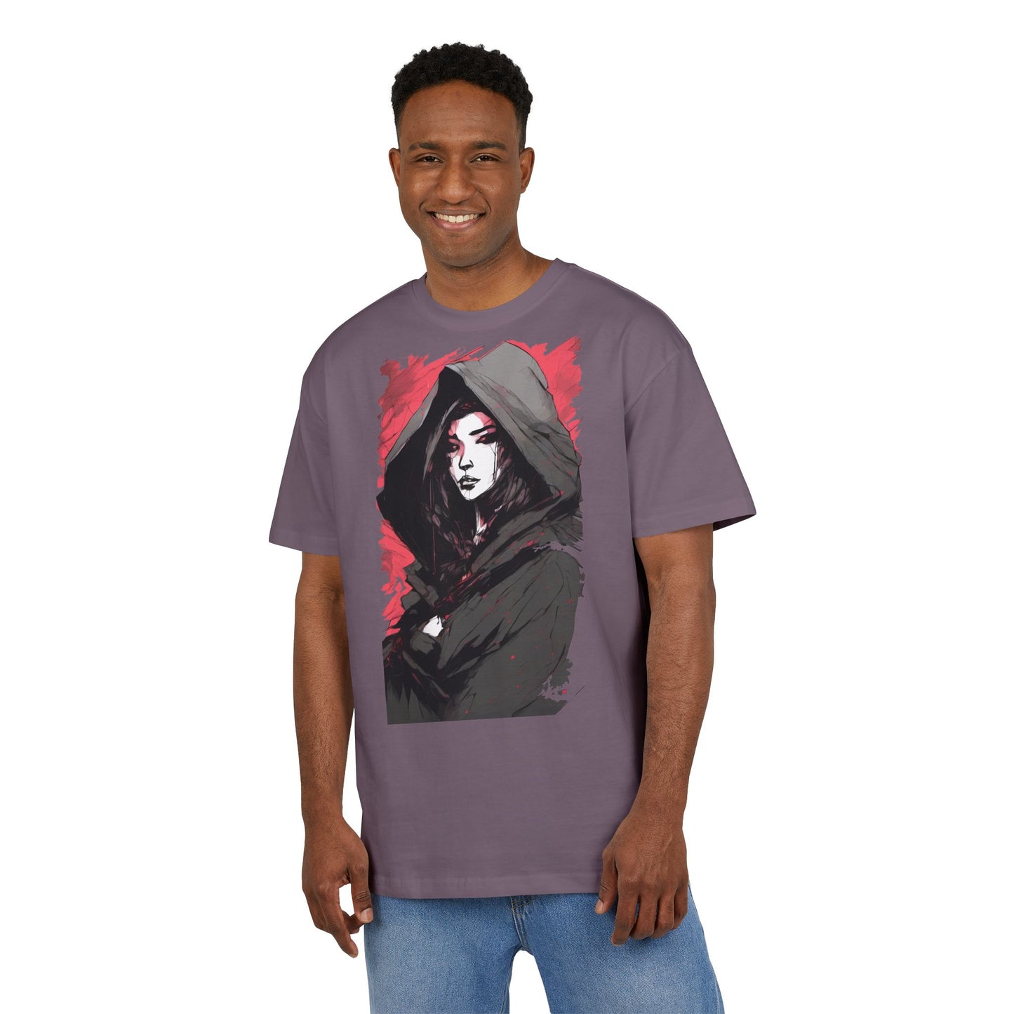 Artistic Oversize Tee with Hooded Character Design, Unisex Streetwear, Graphic Tee, Casual Wear, Unique Gift, Fashion Statement