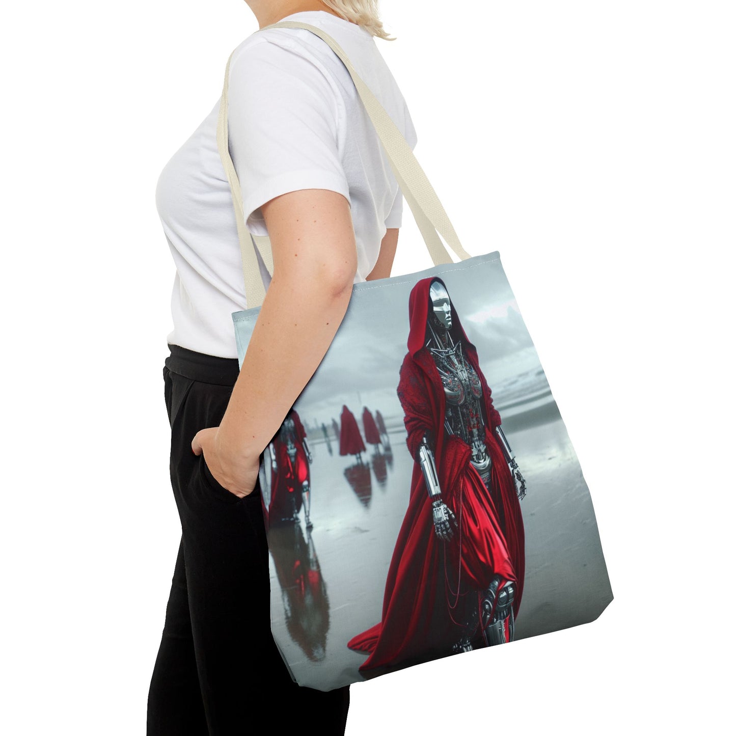 Futuristic Red Hooded Tote Bag, Eco-Friendly Shopping Tote, Stylish Reusable Bag, Perfect for Gifts, Fashion Statement