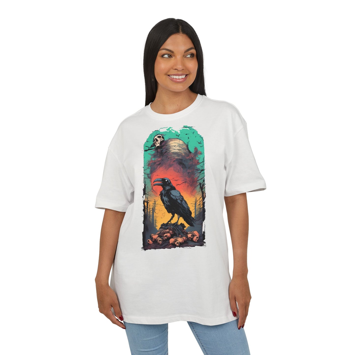 Mystical Raven Oversize Tee: Boho Style, Unisex Graphic T-Shirt for Nature Lovers, Festival Wear, Halloween, Gift Ideas