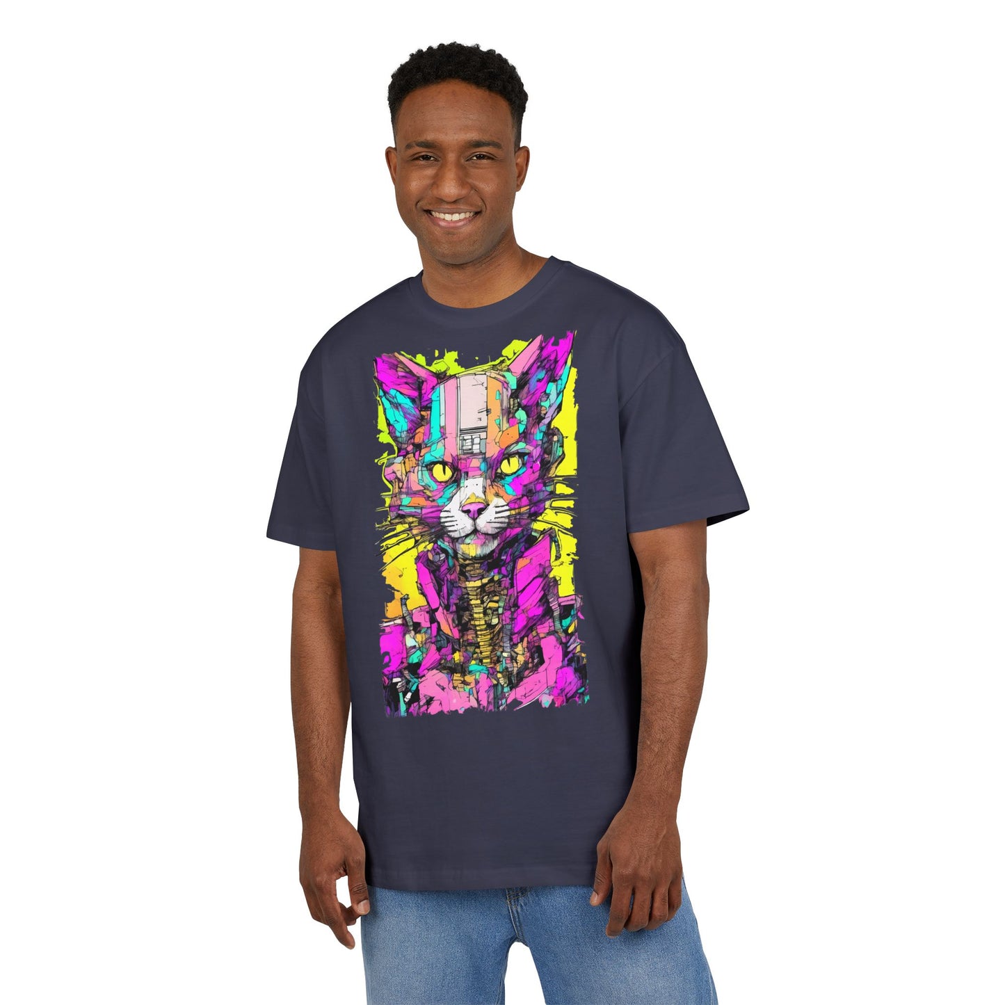 Colorful Cat Graphic Tee, Unisex Heavy Oversize T-Shirt, Funky Cat Art Shirt, Gift for Cat Lovers, Unique Casual Wear