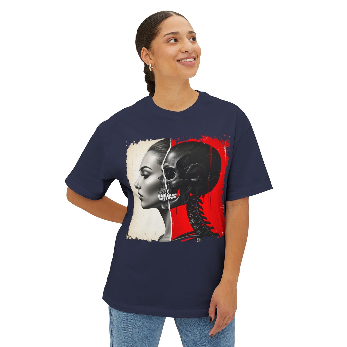 Artistic Unisex Oversized Tee - Skeleton & Profile Design, Graphic Tee for Casual Style, Unique Gift for Art Lovers, Streetwear