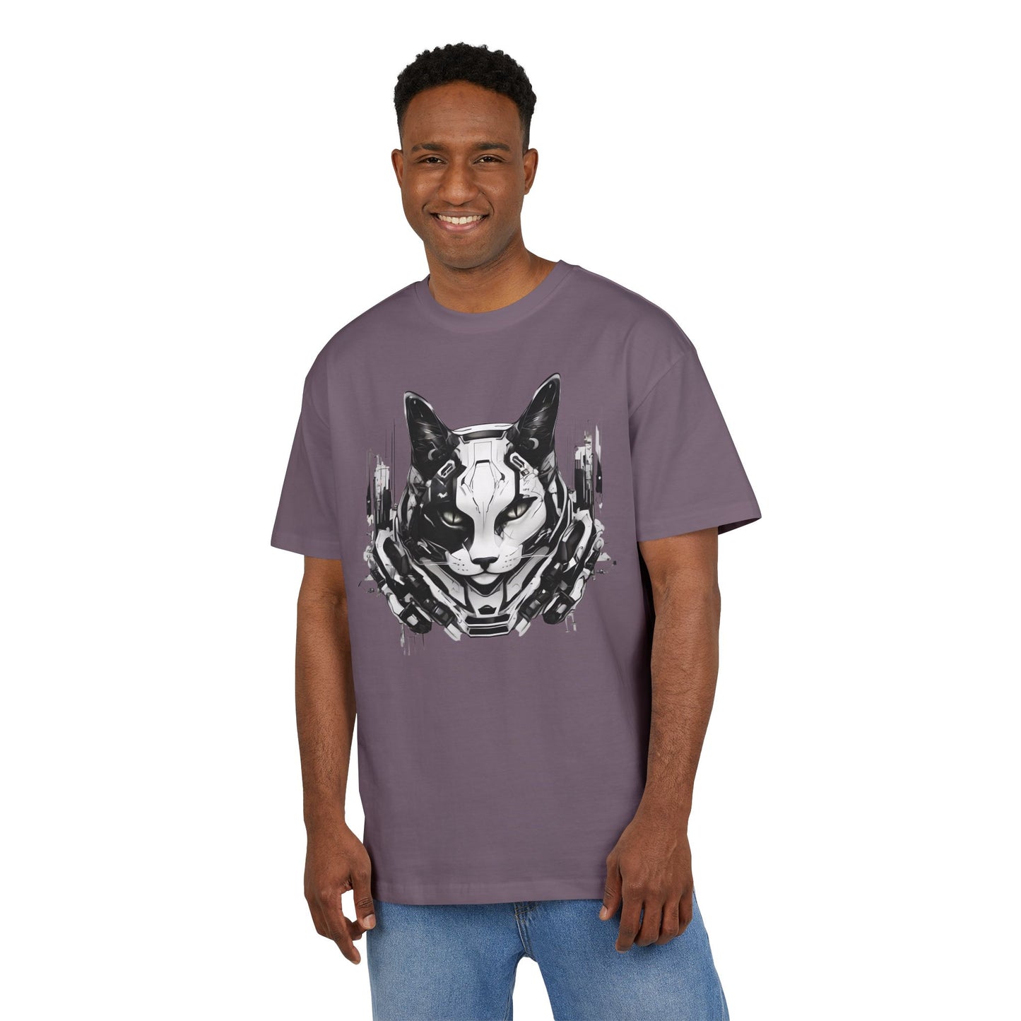 Cyber Cat Graphic Tee - Unisex Oversized T-Shirt, Cool Streetwear, Gift for Cat Lovers, Futuristic Design, Casual Everyday Wear
